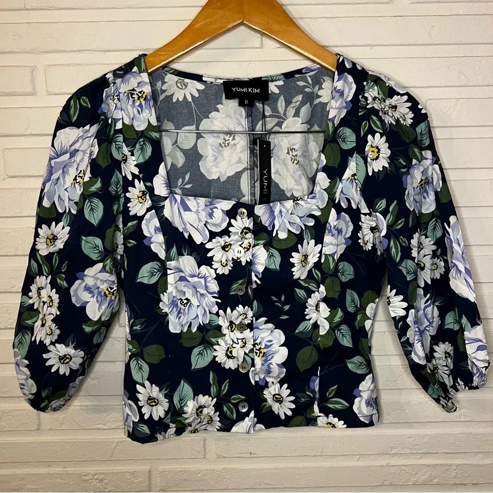 Yumi Kim Blue Floral Puffed Sleeve Square Neck Peasant Top, Women’s Size 0